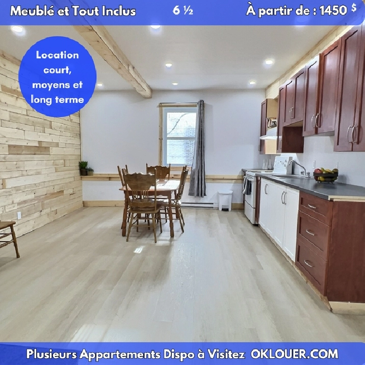 Grand 6 1/2 meublé – 4 chambres – Tout inclus – Centre-ville