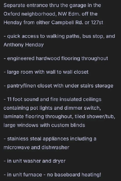 Separate entrance to one bedroom basement with your own laundry