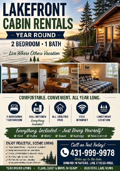 2 Bedroom 1 Bath Cabins for rent. - 4 season - free internet