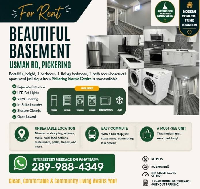 Bright & Modern Basement | Prime Pickering Location