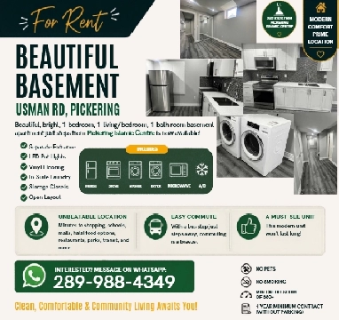 Bright & Modern Basement | Prime Pickering Location