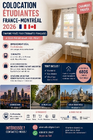 UdeM COLOC ETUDIANTES France MTL a partir $680 tout inclu