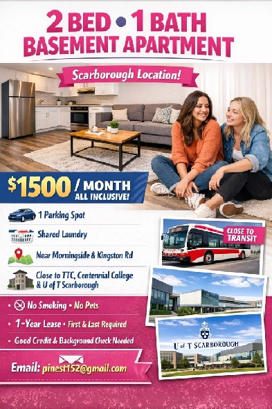 Two Bedroom basement apartment for Rent Scarborough