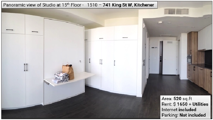 Modern Studio for Rent – 741 King St W, Kitchener (15th Floor)