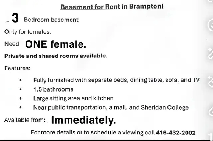 Basement room for rent