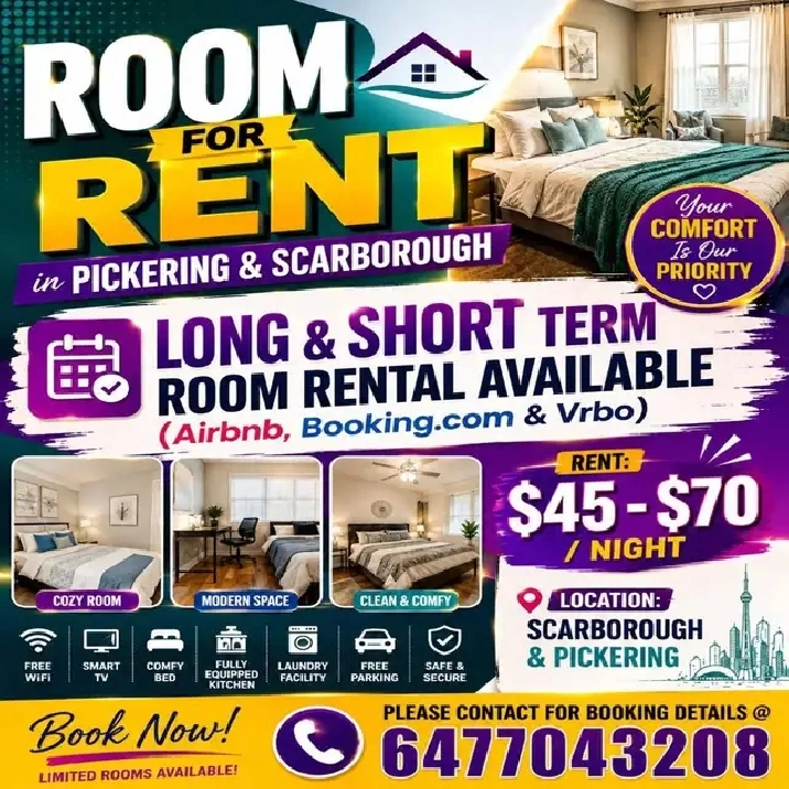 Beautiful Furnished Rooms for Rent – Scarborough & Pickering