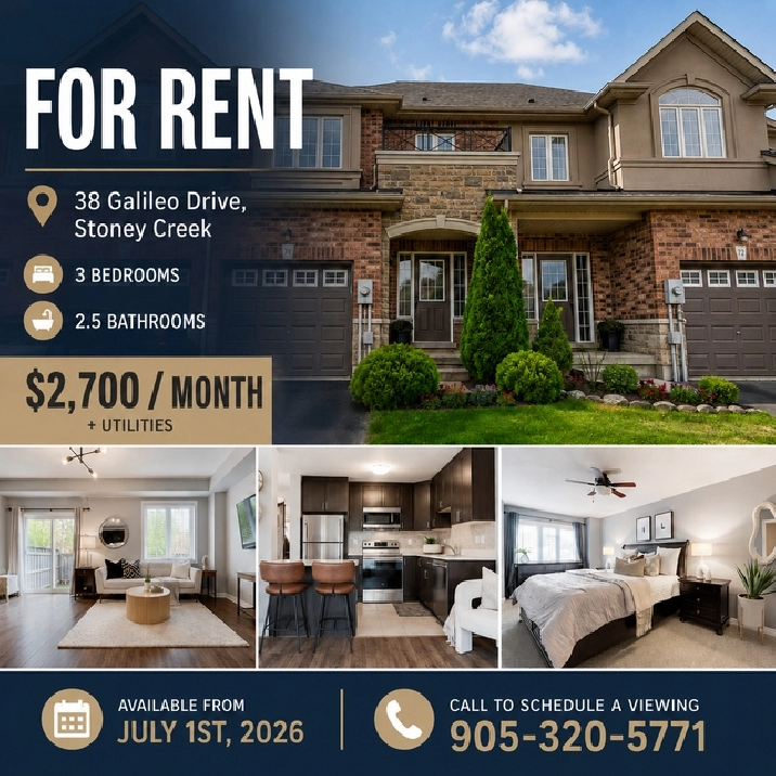 3 BEDROOM HOME FOR RENT IN STONEY CREEK/HAMILTON!