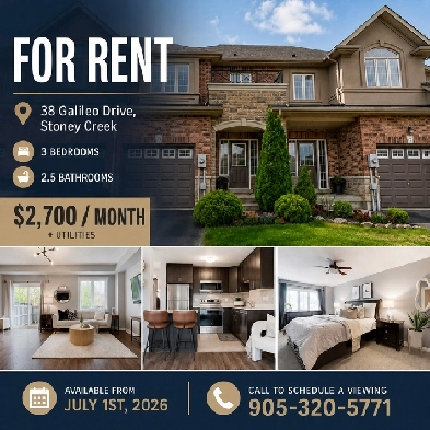 3 BEDROOM HOME FOR RENT IN STONEY CREEK/HAMILTON!