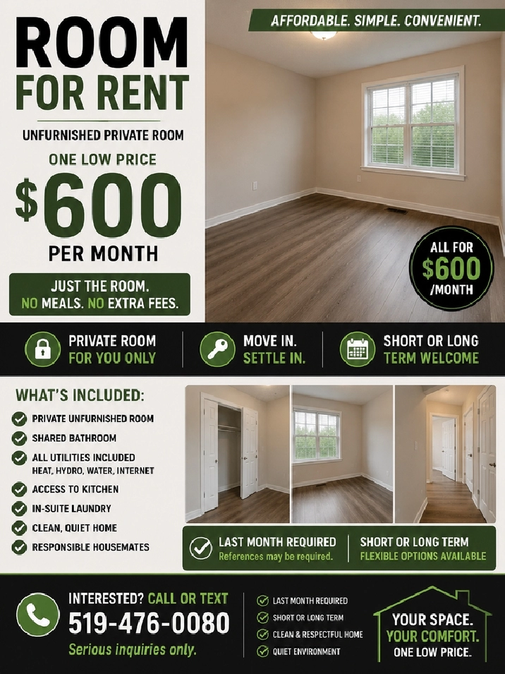 ROOM FOR RENT – $600/MONTH
