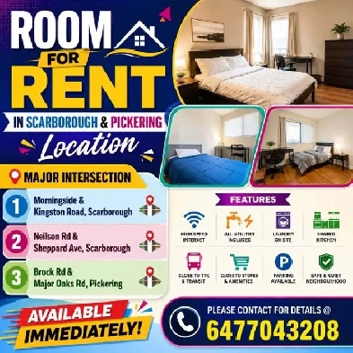 Beautiful Furnished Rooms for Rent – Scarborough & Pickering