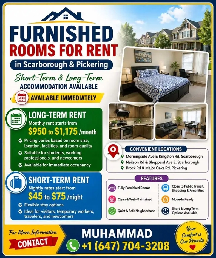 Furnished Rooms for Rent in Scarborough & Pickering