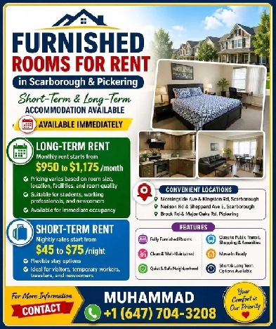 Furnished Rooms for Rent in Scarborough & Pickering