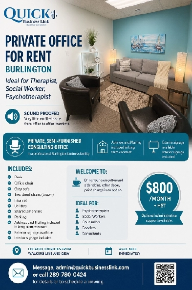 Private Office for Rent - 3min from Walkers line and QEW