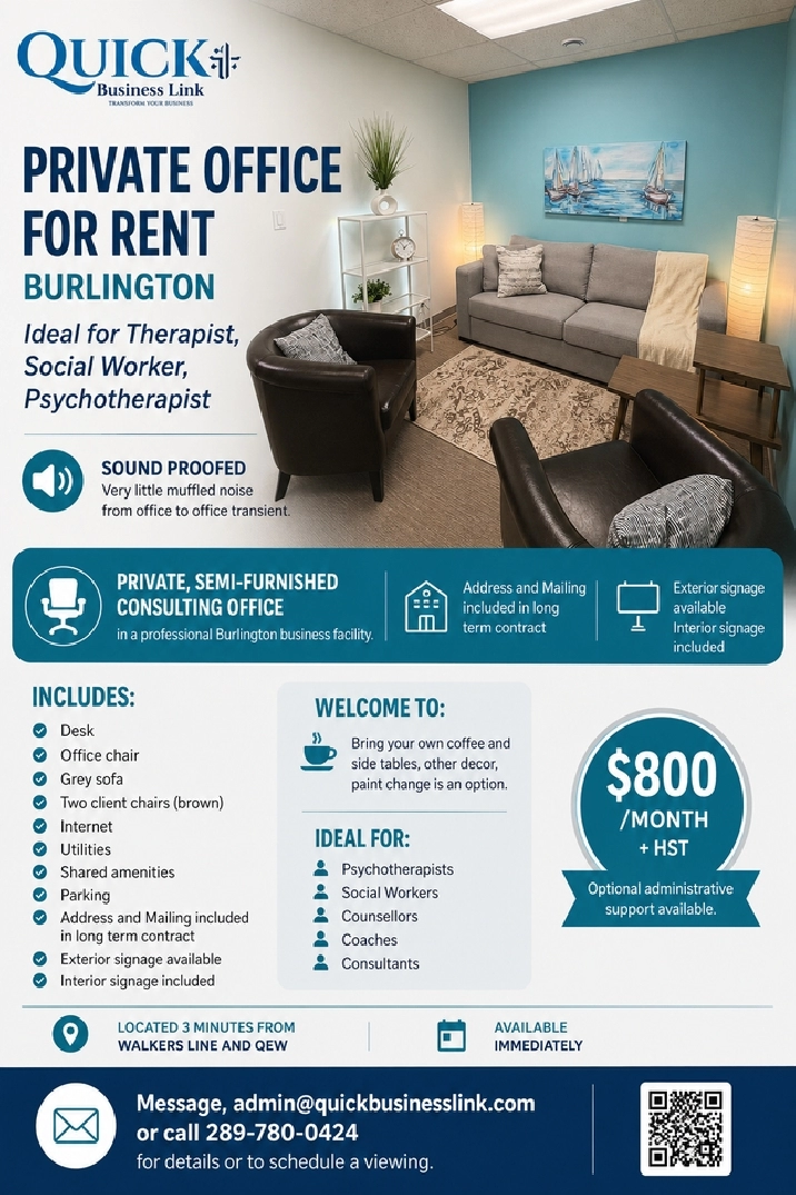 Private Office for Rent - 3 mins from QEW and Walkers