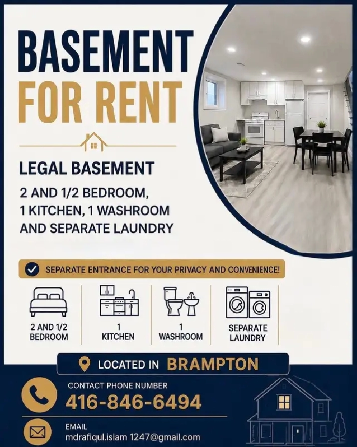 Bright & Spacious 2.5 Bedroom Basement for Rent in Brampton