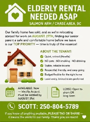 URGENT: Elderly Rental Needed — Salmon Arm / Chase Area, BC