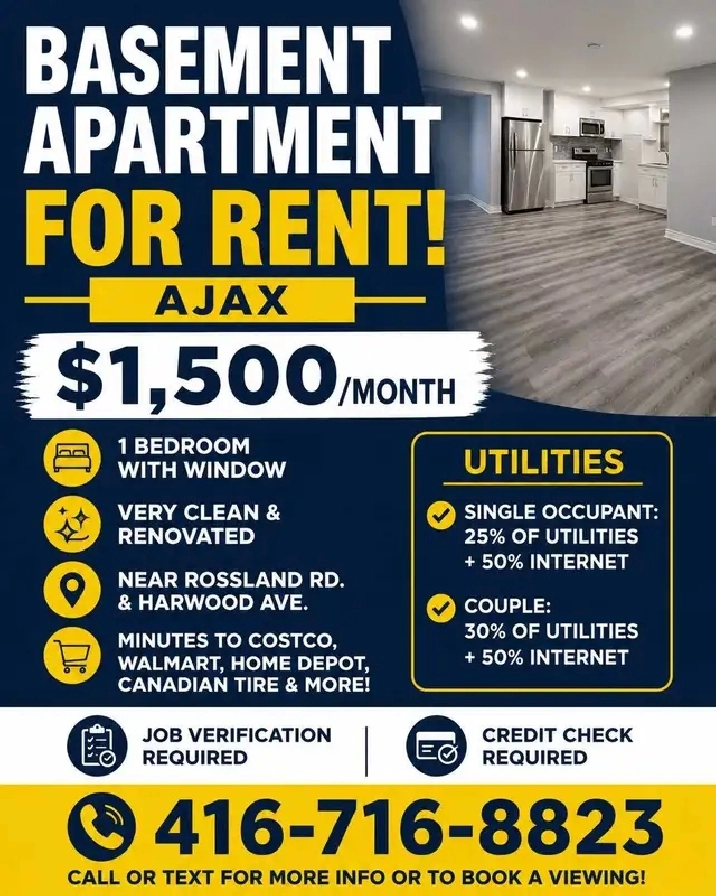 Basement Apartment for Rent – Ajax$1,500/month
