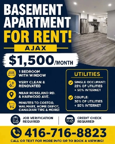 Basement Apartment for Rent – Ajax$1,500/month