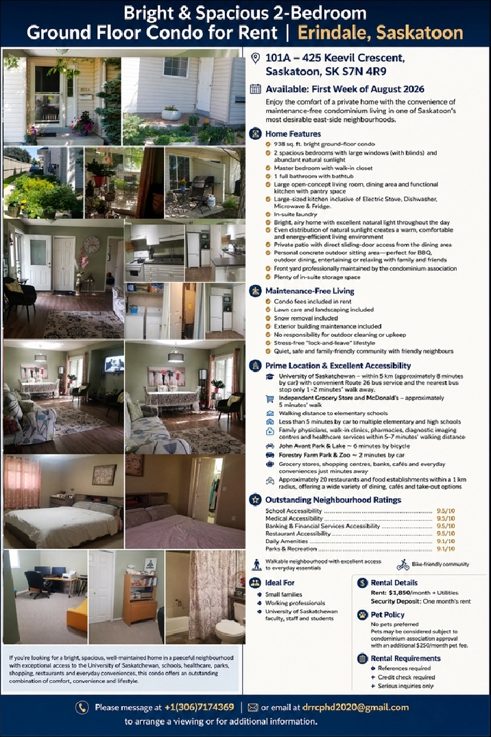 Beautiful 2-Bedroom Condo for Rent – Erindale, Sasktoon