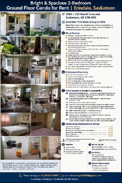 Beautiful 2-Bedroom Condo for Rent – Erindale, Sasktoon
