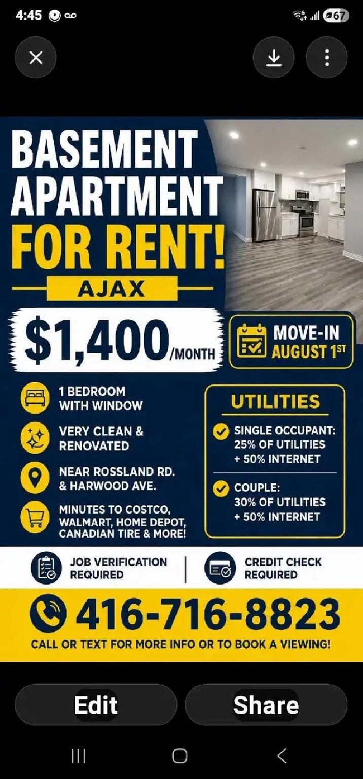 Basement Apartment for Rent – Ajax $1,400/month