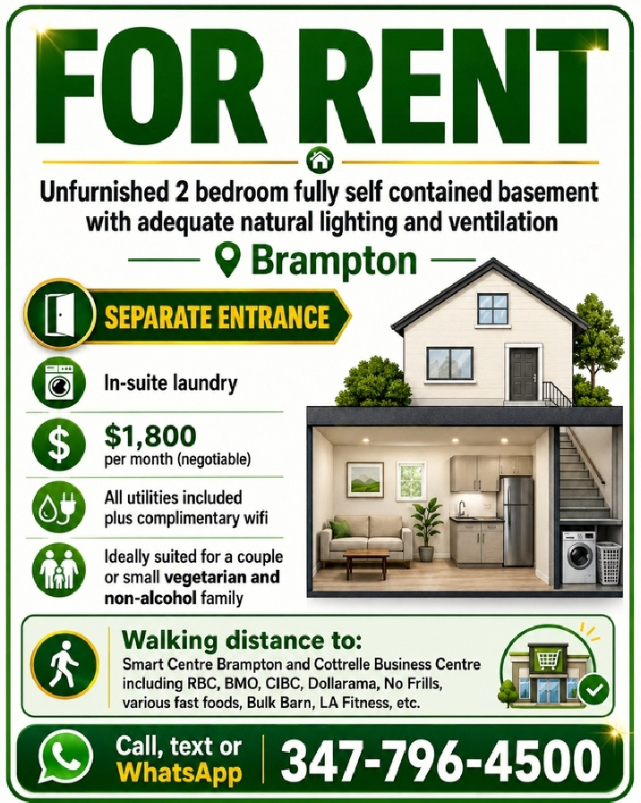 2 bedroom unfurnished basement for rent