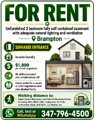 2 bedroom unfurnished basement for rent