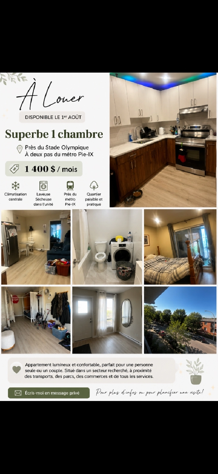 4 1/2 apartment for Rent, 10 min walk from Metro Pie IX