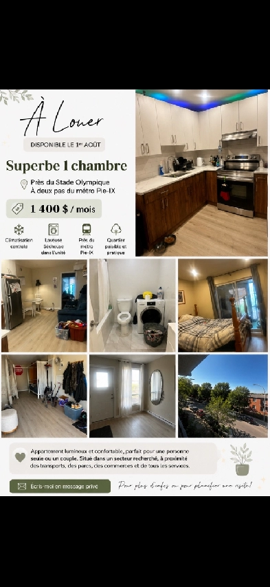 4 1/2 apartment for Rent, 10 min walk from Metro Pie IX