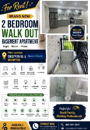 Brand New 2 Bedroom LEGAL Walk-Out Basement for Rent – Brampton