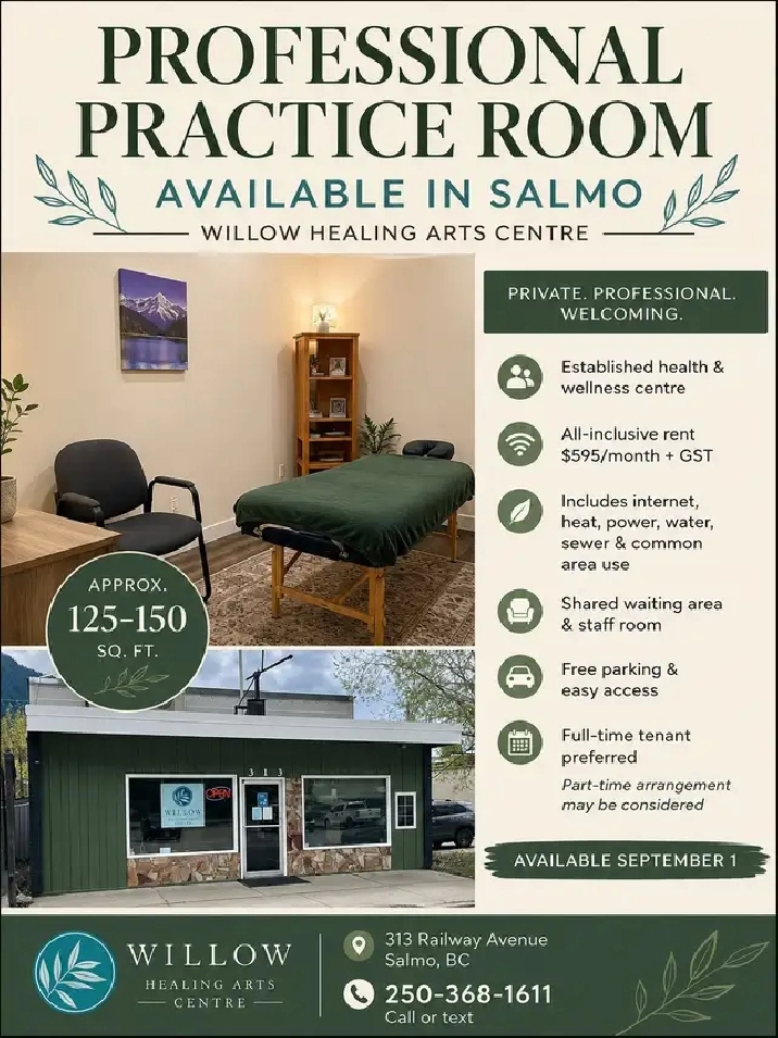 Professional Practice Room for Rent – Salmo
