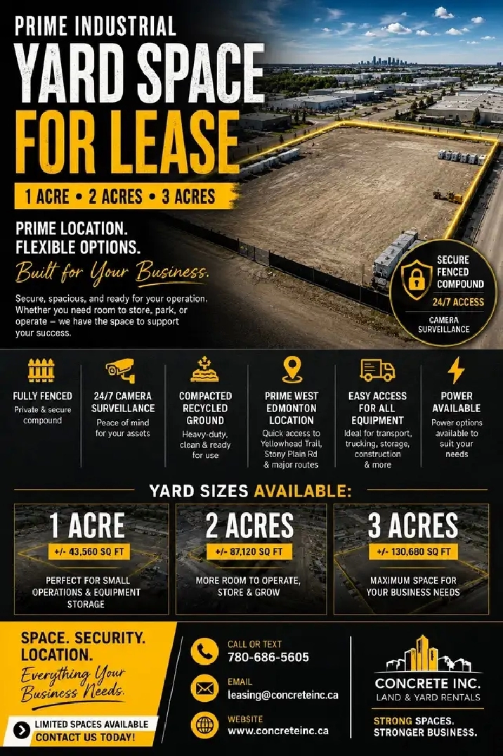 PRIME INDUSTRIAL YARD SPACE FOR LEASE – 1, 2 & 3 ACRES