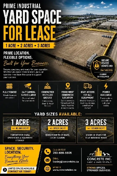 PRIME INDUSTRIAL YARD SPACE FOR LEASE – 1, 2 & 3 ACRES
