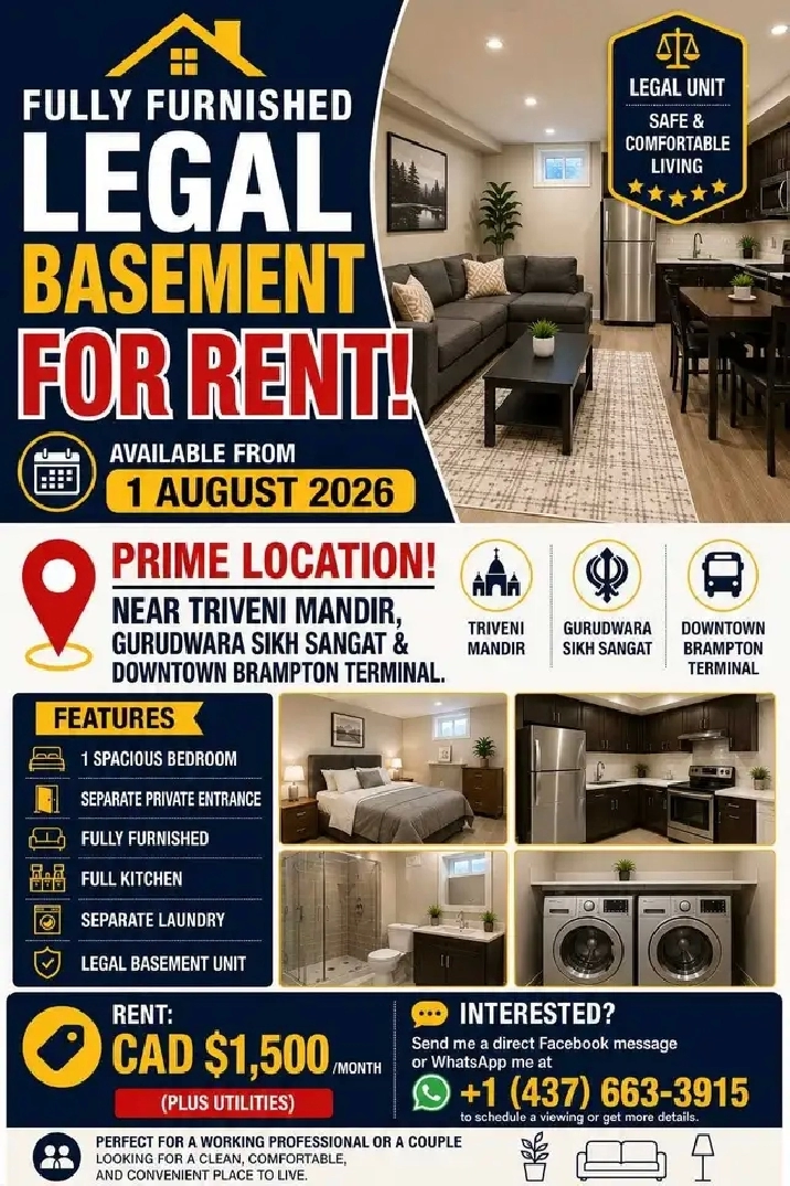 Fully Furnished Legal Basement for Rent