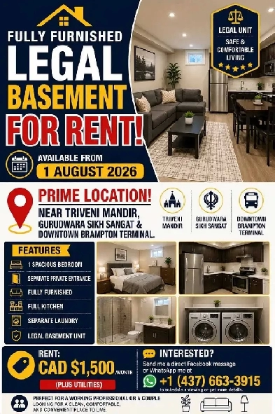 Fully Furnished Legal Basement for Rent