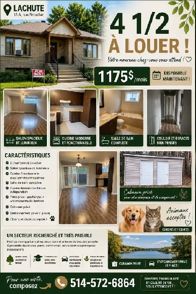 Magnifique 4 ½ à louer à Lachute Secteur paisible 1 175 $/mois