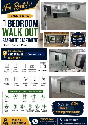BRAND NEW LEGAL 1-BEDROOM BASEMENT APARTMENT – BRAMPTON