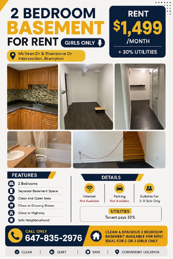 2 Bedroom Basement Available for Rent – Girls Only