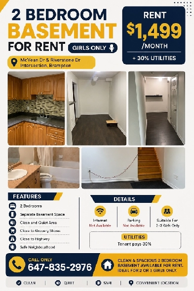 2 Bedroom Basement Available for Rent – Girls Only