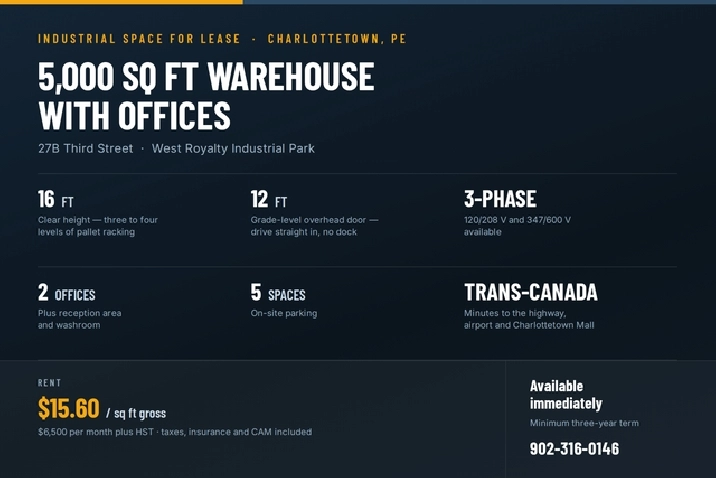 5,000 sq ft Warehouse   2 Offices, Charlottetown West Royalty