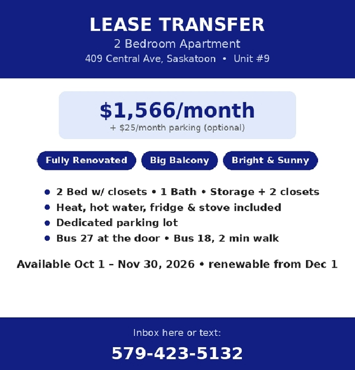 Lease Takeover — Renovated 2 Bedroom Apartment