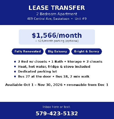Lease Takeover — Renovated 2 Bedroom Apartment