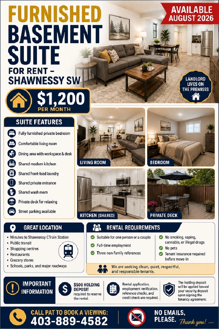 Furnished Basement Suite for Rent Shawnessy
