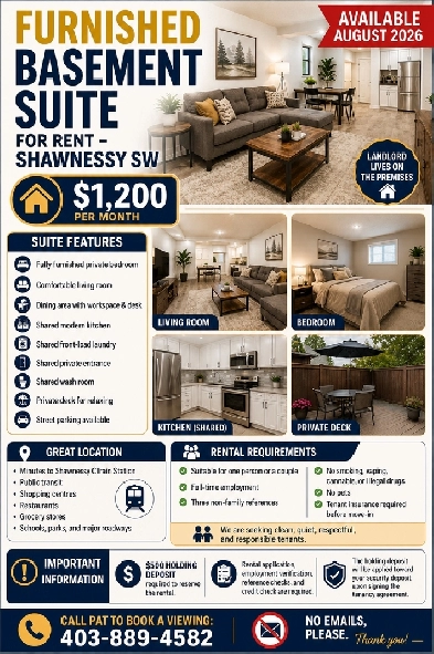 Furnished Basement Suite for Rent Shawnessy