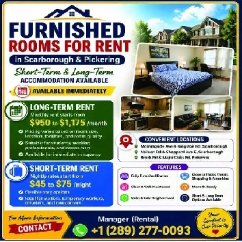 Furnished Room for Rent in Scarborough (Daily/Weekly Payment)