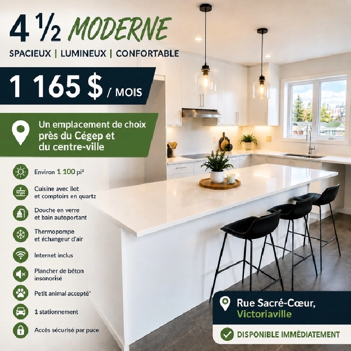 4 ½ MODERNE À VICTORIAVILLE –  1 165 $/MOIS!