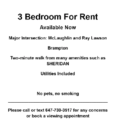 3 Rooms for Rent in Brampton for Girls