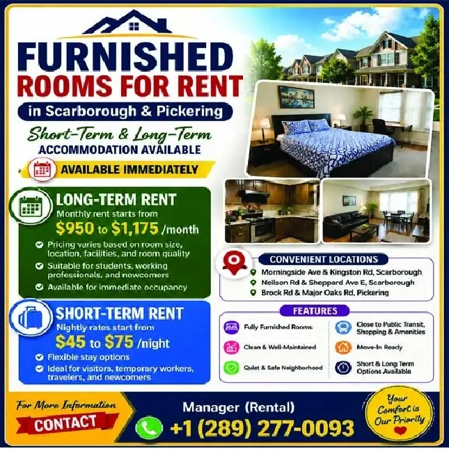 Furnished Room for Rent in Pickering (Daily/Weekly Payment)