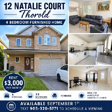 4 BEDROOM OFF CAMPUS HOUSING FOR BROCK STUDENTS IN THOROLD!