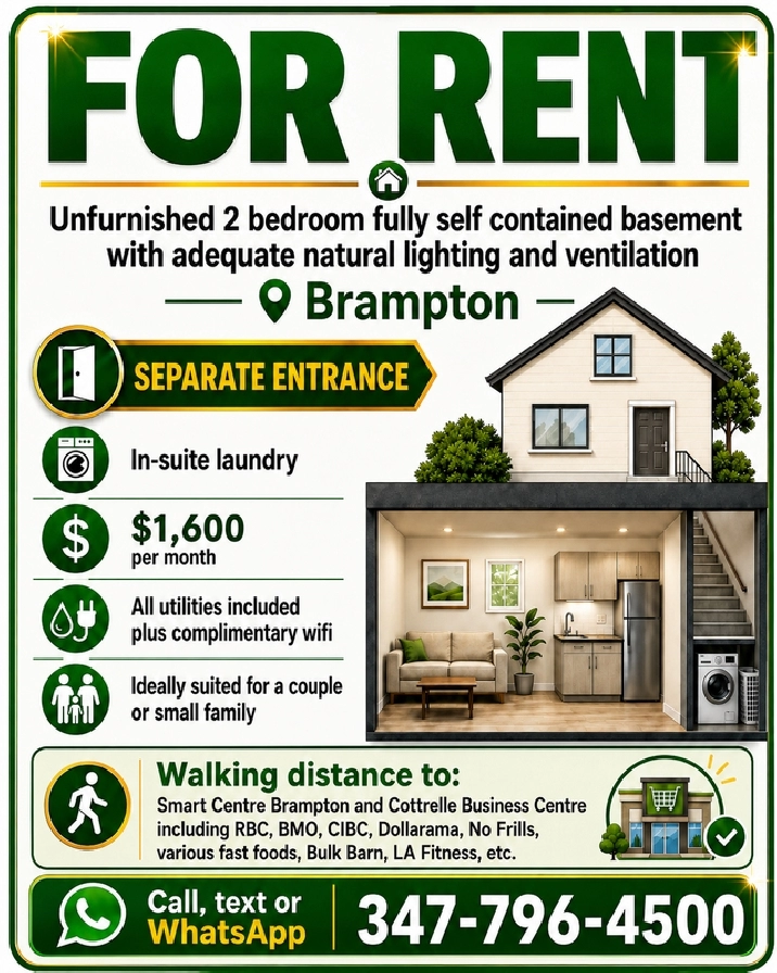 2 bedroom unfurnished basement for rent